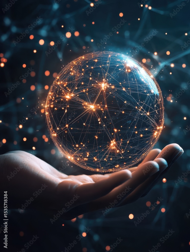 Poster hand showcasing a glowing digital globe with a network pattern and soft light in a minimalistic dim 
