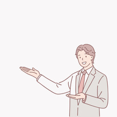 Happy smiling young man presenting and showing your text or product isolated on white background. Hand drawn style vector design illustrations