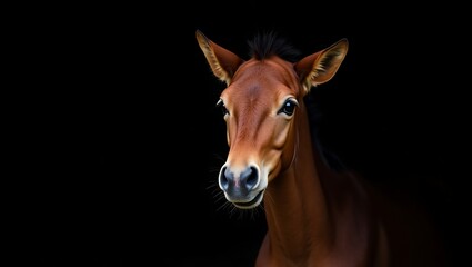 Naklejka premium Portrait of a Horse With Curious Expression Against a Black Background