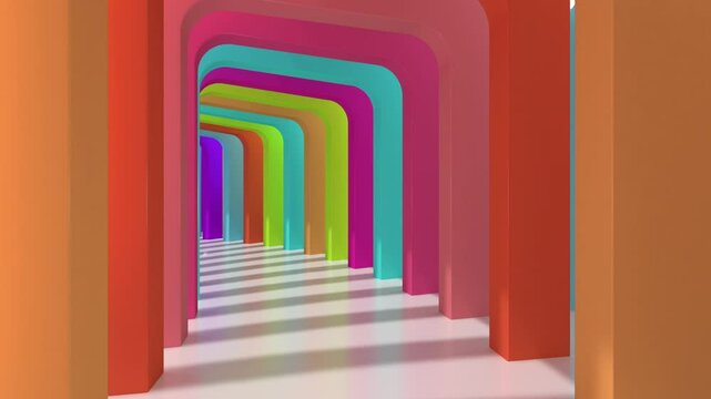 Camera travels through a tunnel formed by arches of different rainbow colors, projecting shadows on the white floor. Loop sequence. 3D Animation