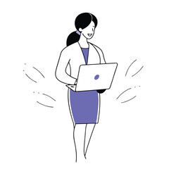 Smiling woman with ponytail holds laptop, dressed in skirt and jacket illustration