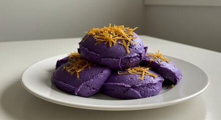A ceramic plate of ube halaya with latik topping on a kitchen table