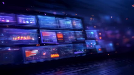 Multiple digital interface screens displaying complex data analytics, graphs, charts with blue and purple color scheme in technological background with blurred motion effect - Powered by Adobe