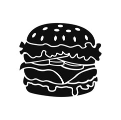 Black and White Silhouette of a Juicy Burger with Lettuce, Cheese, and Tomato