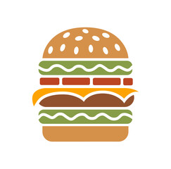 Flat Design Multi-Layer Burger Icon with Cheese, Lettuce, and Tomato on White Background