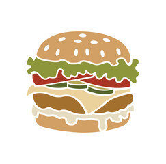 Colorful Vector Illustration of a Tasty Burger with Lettuce, Tomato, Pickles, and Cheese