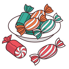 Cartoon candies fill a white bowl alongside loose treats, showcased on transparent backdrop