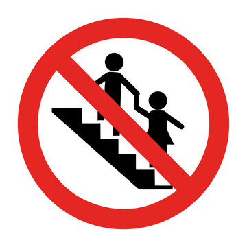 Children prohibited from using stairs. Safety sign depicts two children holding hands near staircase. This prohibition sign is perfect for public spaces.