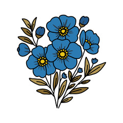 Stylized Blue Flower Bouquet with Golden Leaves on White Background