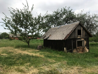 Obraz premium A rustic cabin stands in lush green grass and trees.