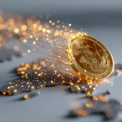 A glowing Bitcoin coin emits dynamic golden light trails over a digital abstract background, symbolizing cryptocurrency and blockchain technology.
