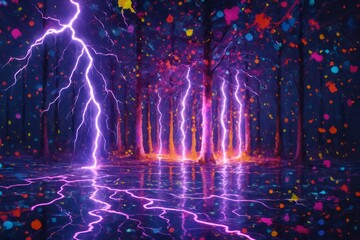 Lightning striking colorful trees reflected in water in surreal forest