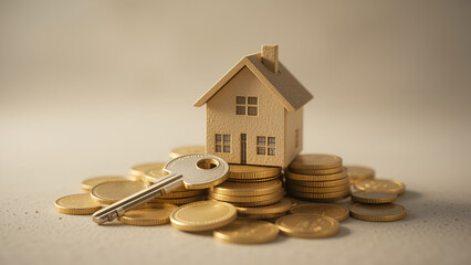 A house and a key placed over a stack of gold coins, symbolising house loan interest concept