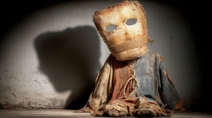 A figure with a burlap sack mask and tattered clothing sits against a cracked wall, casting a shadow that adds an eerie atmosphere.