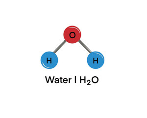 Vector ball-and-stick model model of chemical substance. Icon of water molecule H2O consisting of oxygen and hydrogen. Structural formula suitable for education isolated on a white background