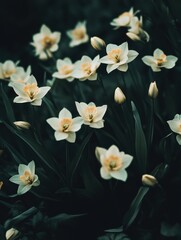 Obraz premium Soft-light yellow flowers in a dark garden