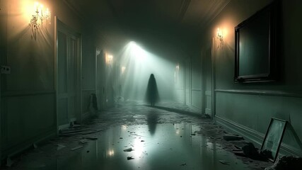 Shadowy figure standing in flooded, dimly lit corridor with scattered debris, candle wall sconces, and dramatic vertical light beam creating eerie atmosphere. - Powered by Adobe