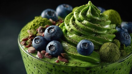 Detox drink blended with algae swirl and smoothie bowl toppings bowl macro shot : Algae Smoothie
