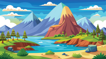 Cartoon Landscape Featuring Mountains, Water, Trees, and Greenery, Perfect for NatureThemed Design © Brojendra