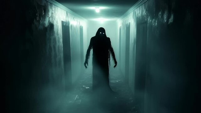 Supernatural shadowy figure with glowing eyes standing in dimly lit corridor. Mysterious entity emerging from misty green-tinted hallway with damaged walls.