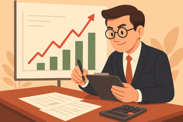 Fototapeta premium Businessman financial analyst at work. Manager reviewing business report with growth chart. Concept investment success. Market data analysis. Economic strategy. Accounting.