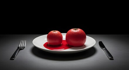 Two Red Orbs on a Plate with Utensils in Dramatic Lighting