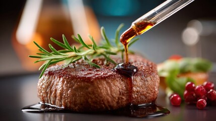 Synthetic steak plated under future food conditions as ethical protein lab-plated meal : Lab-Grown Meat
