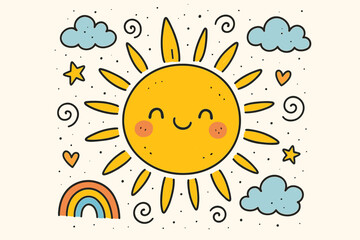 Cute smiling sun doodle. Happy summer weather cartoon for kids. Hand drawn vector illustration with rainbow, clouds, and stars. Cheerful character for nursery or children's design.
