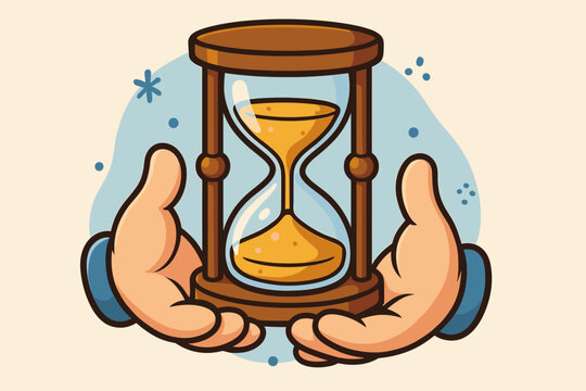 Hands holding hourglass cartoon vector illustration. Time management concept. Deadline, countdown, and urgency symbol. Retro sandglass with running sand. Business and life metaphor.