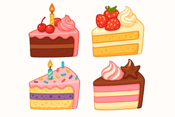 Delicious birthday cake slices collection. Set of four cartoon dessert pieces with lit candles, strawberry, and cherry toppings. Sweet pastry vector graphic for party celebration.
