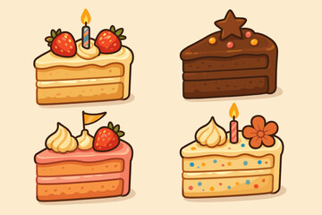 Set of cute birthday cake slices. Collection of cartoon dessert illustrations for party celebration. Vector icon of strawberry, chocolate, and funfetti cake with candles and decorations.
