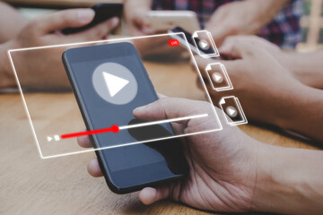 student watching video content online streaming on mobile smartphone, virtual classroom, online...