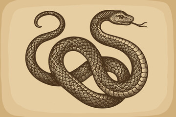 Vintage snake illustration in a detailed engraving style. Hand drawn coiled serpent on old paper. Antique zoological reptile drawing for esoteric, occult, or tattoo design concepts.