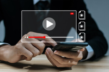 business man watching video content online streaming on mobile smartphone, virtual meeting, online business advertising, video marketing, tv show, online study, digital marketing technology concept