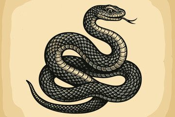 Vintage snake illustration in an engraving, woodcut style. Coiled serpent or viper. Dangerous reptile for a tattoo design. Mythological, occult symbol. Hand drawn vector art.