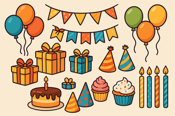 Vector set of birthday party elements. Cute cartoon illustrations of celebration icons: gift, cake, cupcake, balloons, party hats, candles, and flags. Isolated design objects.