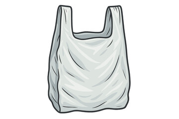 Empty white plastic grocery bag cartoon vector icon. Disposable shopping carrier symbol. Concept for single-use plastic, waste, environmental pollution, and recycling awareness.