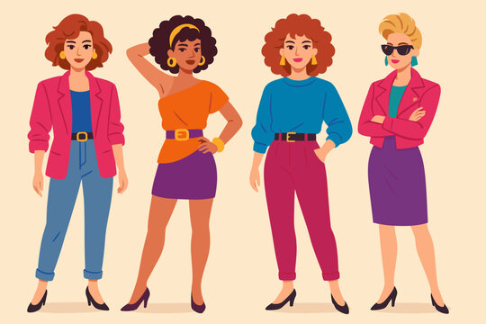 Collection of diverse women dressed in 80s retro fashion. Stylish female characters with vintage hairstyles and outfits from the eighties. Flat vector illustration group set.