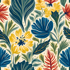 Cute doodle-style floral pattern in red, blue, and yellow. Simple and fun design on creamy white.