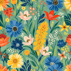 Playful wildflower field in bright colors. Fun and cheerful floral art on a soft blue background.