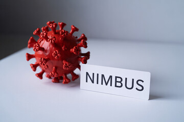 Red Corona virus model with “Nimbus” label on white surface.