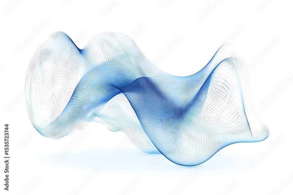 Poster abstract blue flowing wave lines on white background, wireframe mesh texture