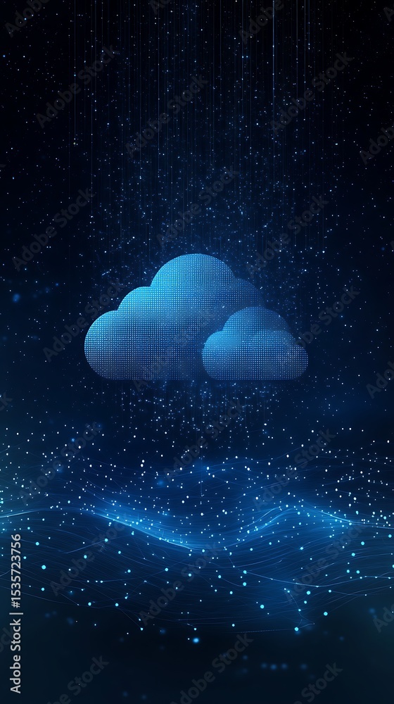 Poster abstract blue cloud dotted pattern glowing particles over dark digital network