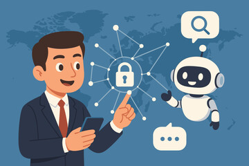 Businessman interacting with AI chatbot on a smartphone. Cybersecurity concept with padlock icon, global network, and data protection. Virtual assistant robot for customer service.