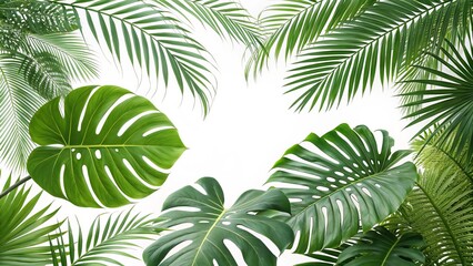 Tropical Monstera and Palm Leaves Frame White Background, Lush Greenery Composition, Botanical Illustration Tropical plants, Monstera deliciosa