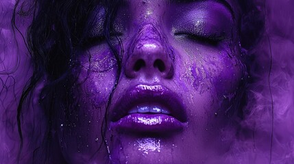 Enigmatic violet portrait: woman immersed in ethereal mist with closed eyes and purple hue