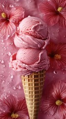 Ice cream cone with hibiscus flavor. Flower delicious yummy cold dessert. Close Up view. Trendy dessert. Image for advertising, menu. 