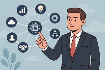 Technology integration concept. Businessman managing business processes with AI. Digital transformation, automation, cloud computing, data analytics, strategy, and innovation icons.