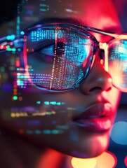 Vibrant close-up of a person wearing glasses, reflecting colorful digital data and technology concepts.