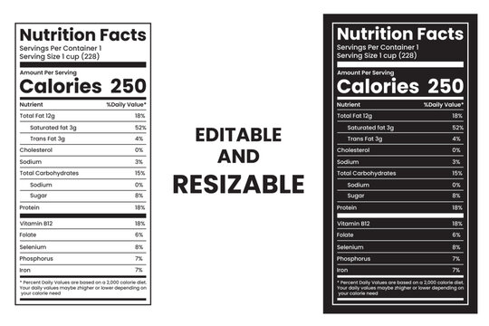 Black and White Nutrition Facts Label Vector – Editable Food Info Design for Packaging & Product Use